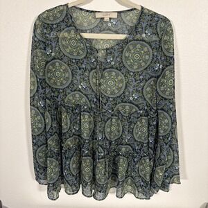 LOFT Green Floral Top Flowy Boho Women's Size Small Bell Sleeves L/S B2